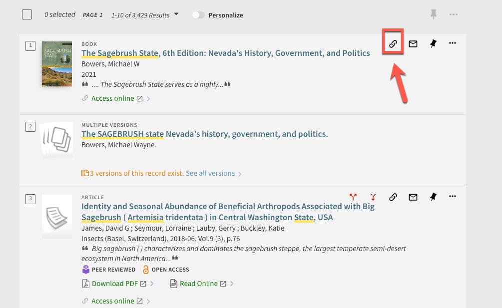Image of library search results page. Results include a book titled The Sagebrush State. An icon represented by two interlocking links is highlighted for emphasis.