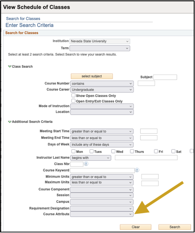 Screenshot with an arrow that points to the “Course Attributes” facet in the Schedule of Classes