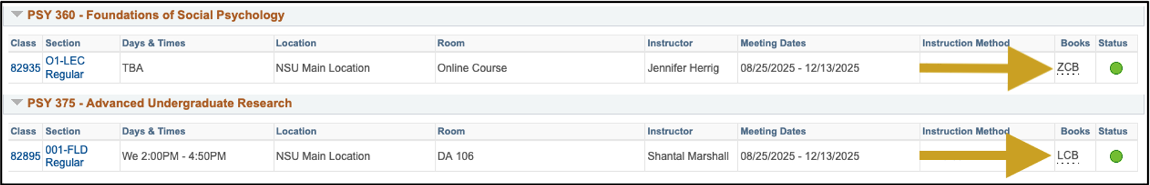 Screenshot with an example of ZCB (zero-cost book) and LCB (low-cost book) course sections in the search results from the Schedule of Classes.