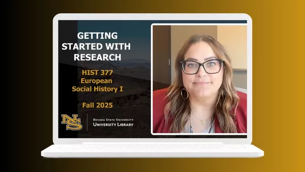 Image of computer with a presentation slide on the screen. The presentation title is "Getting Started with Research" and there is a picture of a smiling woman who is the librarian giving the presentation. 