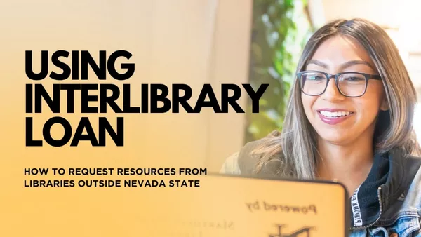 Image of a smiling female student using a library computer. Text on image reads "Using Interlibrary Loan"