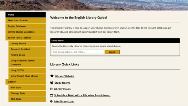 Homepage of the English library guide